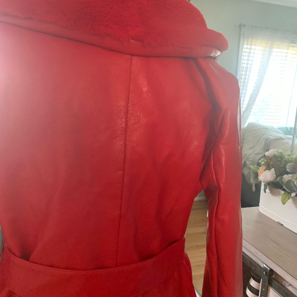 Fashion Nova Red Long Faux Fur Trim Coat - Picture 5 of 10